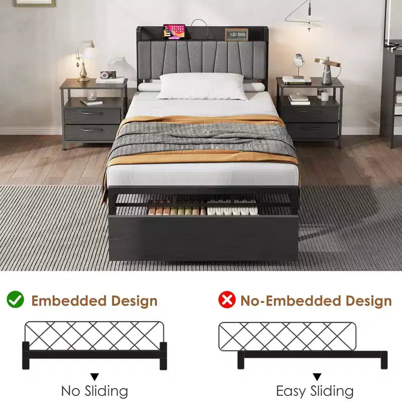Struttura Letto con Testiera Funzionale con Contenitore, Letto Matrimoniale Industriale con 2 Grandi Cassetti, Struttura Letto Nera, Nessuna Rete a Molle Necessaria