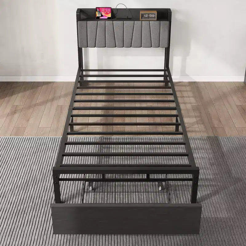 Struttura Letto con Testiera Funzionale con Contenitore, Letto Matrimoniale Industriale con 2 Grandi Cassetti, Struttura Letto Nera, Nessuna Rete a Molle Necessaria