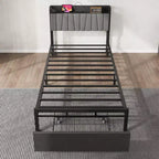 Struttura Letto con Testiera Funzionale con Contenitore, Letto Matrimoniale Industriale con 2 Grandi Cassetti, Struttura Letto Nera, Nessuna Rete a Molle Necessaria