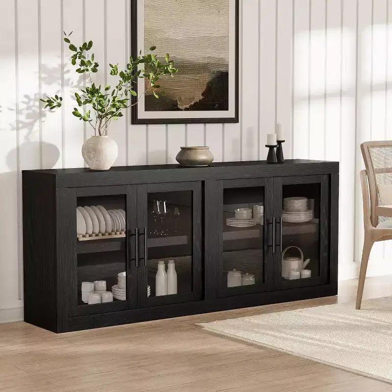 Madia moderna di metà secolo da 70,8 pollici con 4 ante in vetro, credenza in legno e console multimediale per soggiorno, sala da pranzo e corridoio