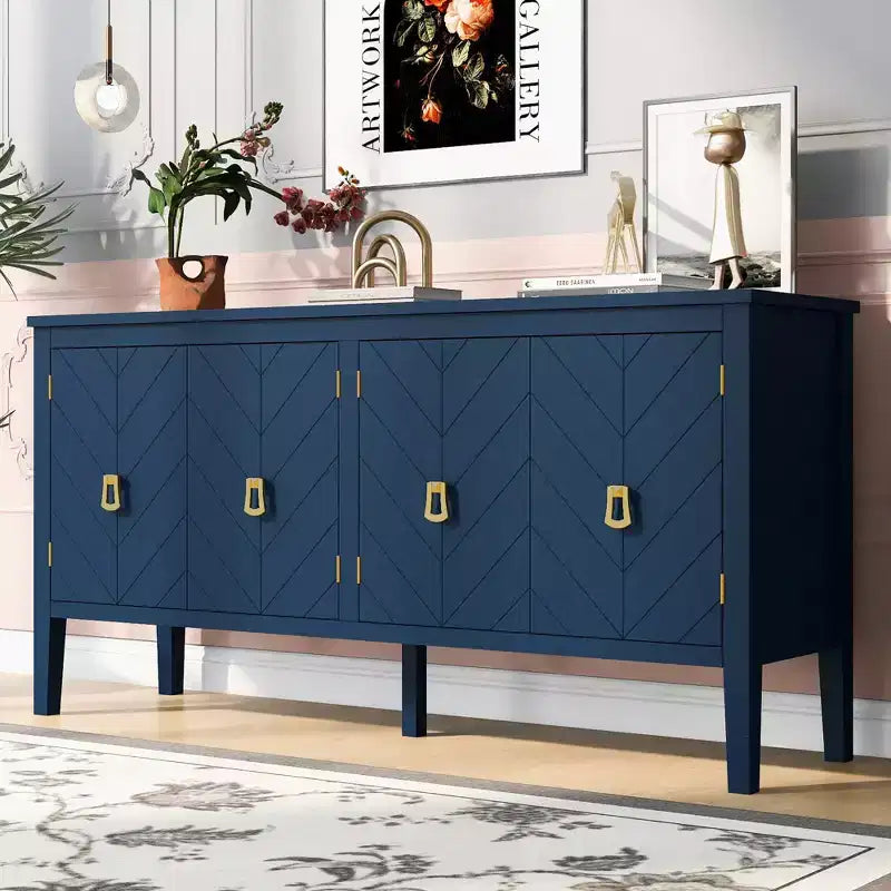 Credenza a quattro ante da 160 cm, design a motivi geometrici con maniglie vintage, tavolo stretto da ingresso con gamba centrale