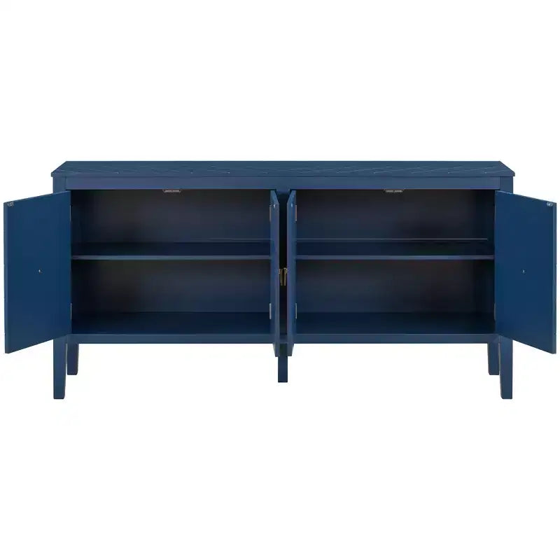 Credenza a quattro ante da 160 cm, design a motivi geometrici con maniglie vintage, tavolo stretto da ingresso con gamba centrale