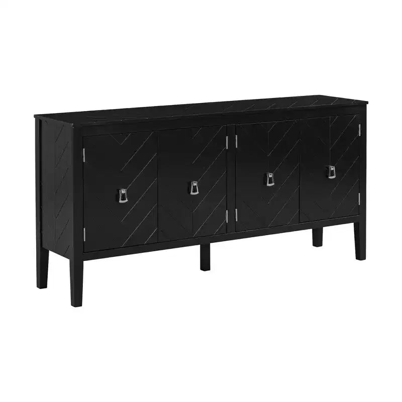 Credenza a quattro ante da 160 cm, design a motivi geometrici con maniglie vintage, tavolo stretto da ingresso con gamba centrale