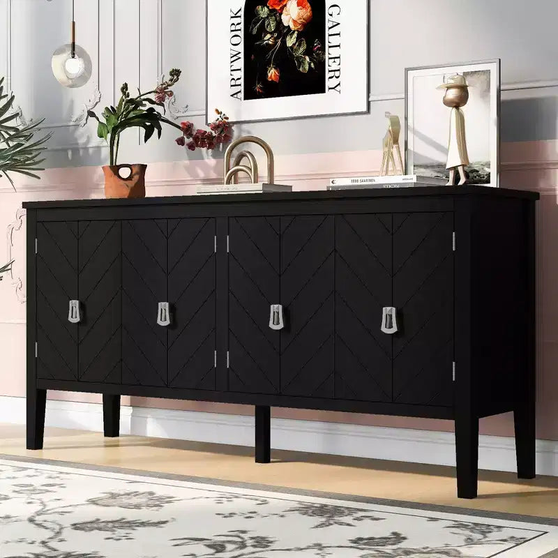 Credenza a quattro ante da 160 cm, design a motivi geometrici con maniglie vintage, tavolo stretto da ingresso con gamba centrale