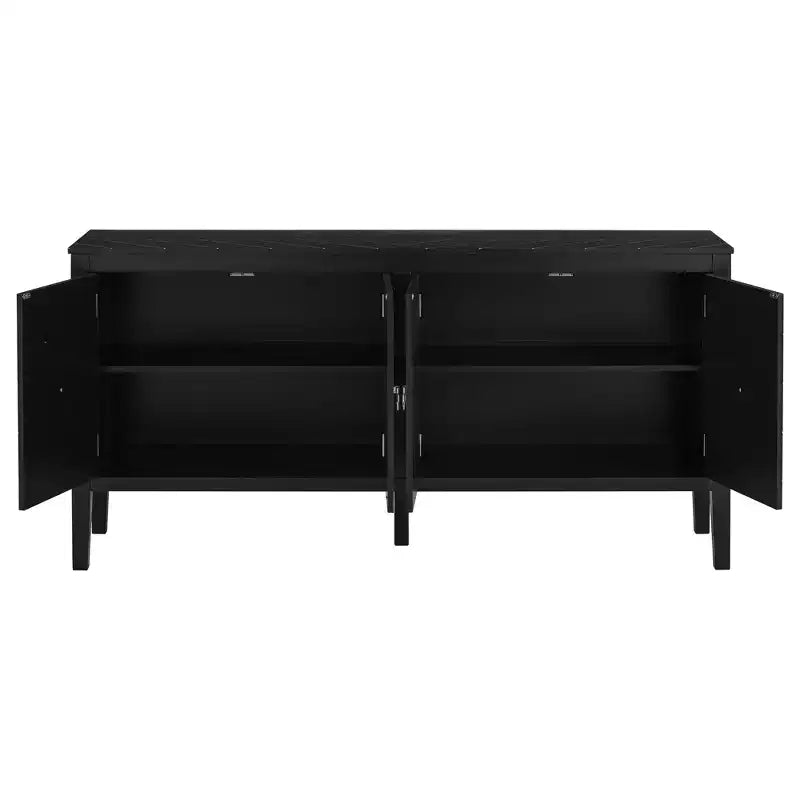 Credenza a quattro ante da 160 cm, design a motivi geometrici con maniglie vintage, tavolo stretto da ingresso con gamba centrale
