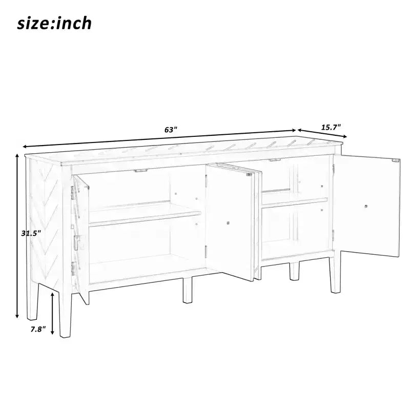 Credenza a quattro ante da 160 cm, design a motivi geometrici con maniglie vintage, tavolo stretto da ingresso con gamba centrale