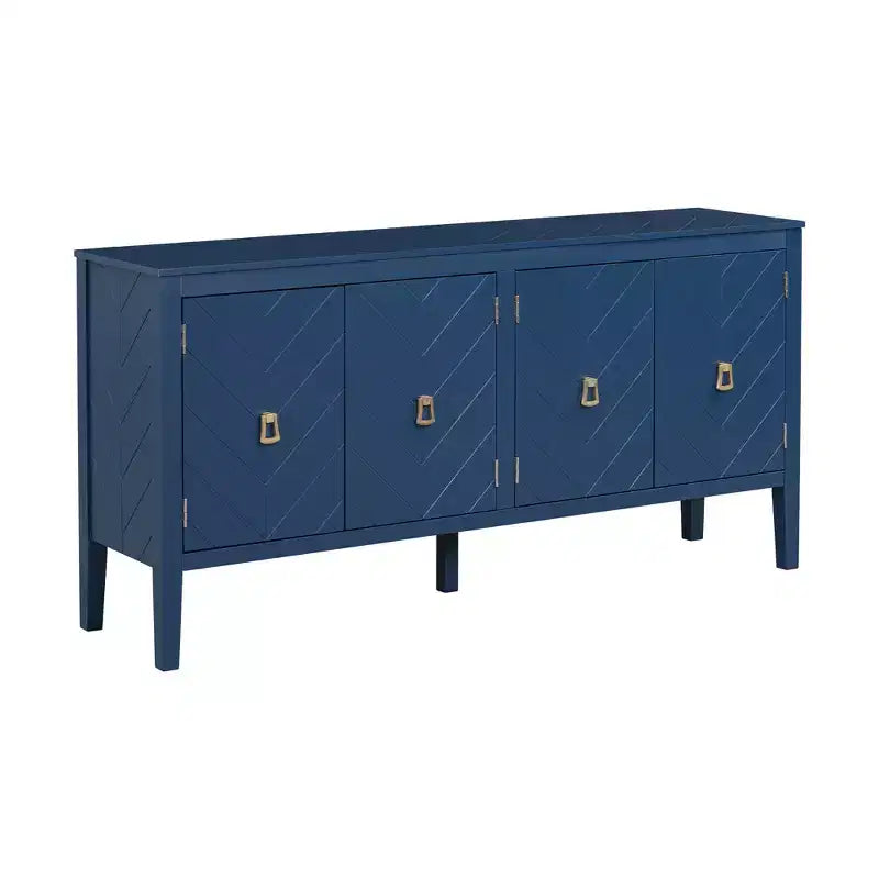 Credenza a quattro ante da 160 cm, design a motivi geometrici con maniglie vintage, tavolo stretto da ingresso con gamba centrale