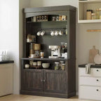 Armadietto da Bar per Caffè Alto 183 cm, Buffet con Vano Contenitore, Credenza da Cucina Stile Fattoria, Mobile Alto per Caffè con Ripiano per Microonde/Portabottiglie/Mensola in Vetro