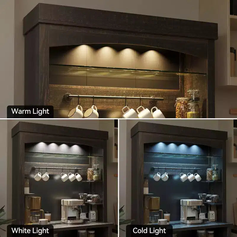 Armadietto da Bar per Caffè Alto 183 cm, Buffet con Vano Contenitore, Credenza da Cucina Stile Fattoria, Mobile Alto per Caffè con Ripiano per Microonde/Portabottiglie/Mensola in Vetro