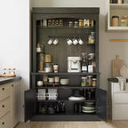 Armadietto da Bar per Caffè Alto 183 cm, Buffet con Vano Contenitore, Credenza da Cucina Stile Fattoria, Mobile Alto per Caffè con Ripiano per Microonde/Portabottiglie/Mensola in Vetro