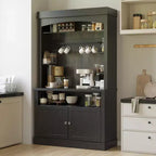 Armadietto da Bar per Caffè Alto 183 cm, Buffet con Vano Contenitore, Credenza da Cucina Stile Fattoria, Mobile Alto per Caffè con Ripiano per Microonde/Portabottiglie/Mensola in Vetro