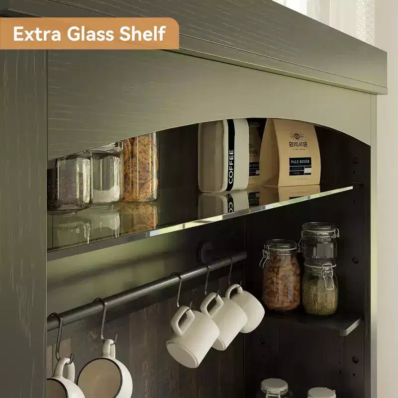 Armadietto da Bar per Caffè Alto 183 cm, Buffet con Vano Contenitore, Credenza da Cucina Stile Fattoria, Mobile Alto per Caffè con Ripiano per Microonde/Portabottiglie/Mensola in Vetro