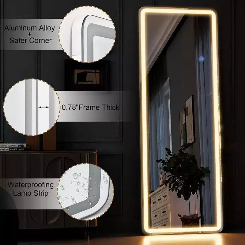 Specchio intero a LED con cornice in lega di alluminio, temperatura colore regolabile, 3-in-1 (da terra/da appendere/da appoggio), specchio smart per il corpo da 60 pollici