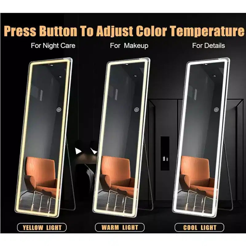 Specchio intero a LED con cornice in lega di alluminio, temperatura colore regolabile, 3-in-1 (da terra/da appendere/da appoggio), specchio smart per il corpo da 60 pollici