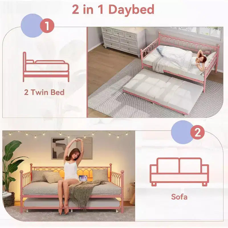 Letto a Giorno Singolo con Letto Estraibile, Letto a Giorno in Metallo Misura Singola, Struttura Letto Divano con Letto Estraibile, Non Richiede Rete a Molle, per Soggiorno, Camera da Letto