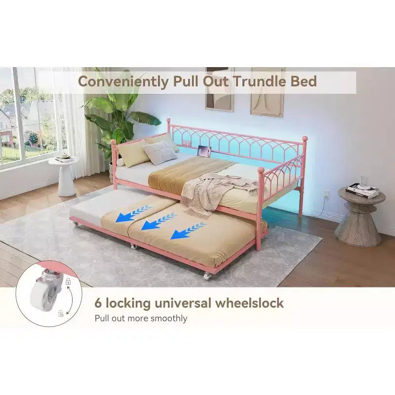 Letto a Giorno Singolo con Letto Estraibile, Letto a Giorno in Metallo Misura Singola, Struttura Letto Divano con Letto Estraibile, Non Richiede Rete a Molle, per Soggiorno, Camera da Letto