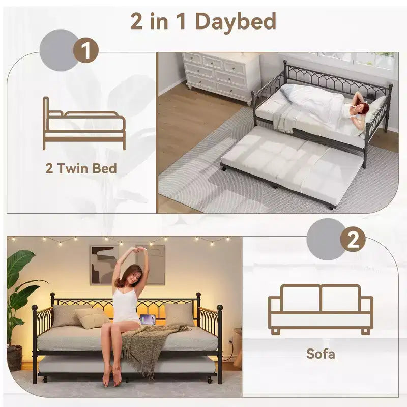 Letto a Giorno Singolo con Letto Estraibile, Letto a Giorno in Metallo Misura Singola, Struttura Letto Divano con Letto Estraibile, Non Richiede Rete a Molle, per Soggiorno, Camera da Letto