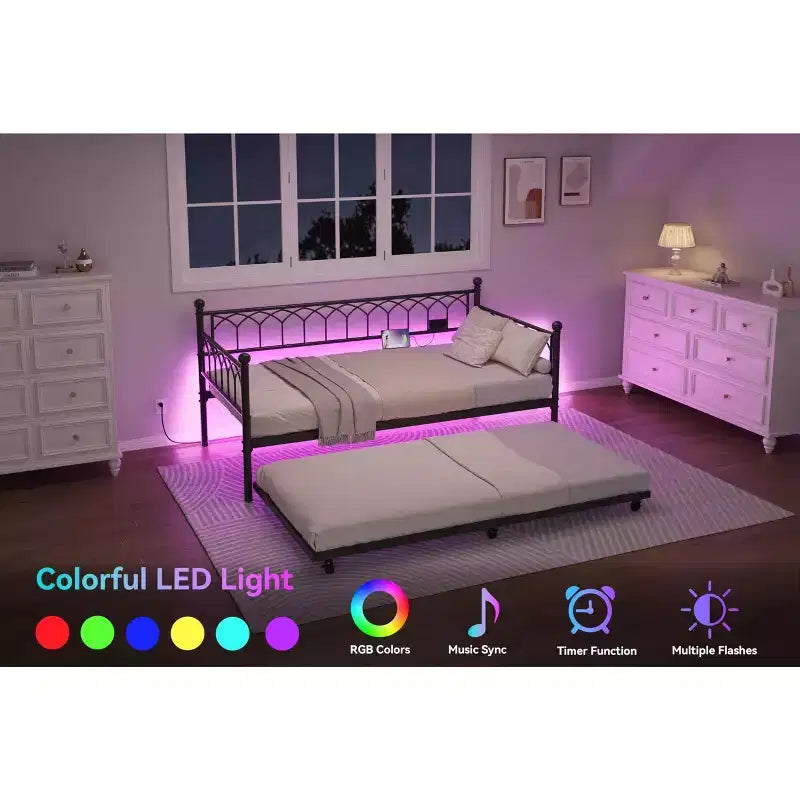 Letto a Giorno Singolo con Letto Estraibile, Letto a Giorno in Metallo Misura Singola, Struttura Letto Divano con Letto Estraibile, Non Richiede Rete a Molle, per Soggiorno, Camera da Letto