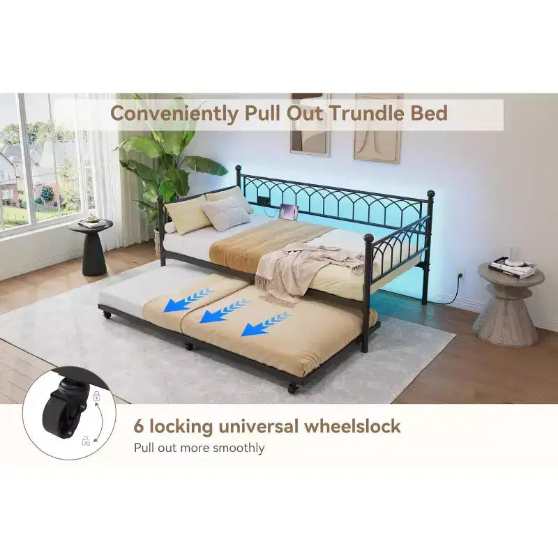 Letto a Giorno Singolo con Letto Estraibile, Letto a Giorno in Metallo Misura Singola, Struttura Letto Divano con Letto Estraibile, Non Richiede Rete a Molle, per Soggiorno, Camera da Letto