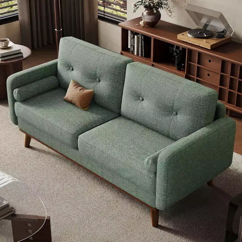 Divanetto Moderno da 65 Pollici, Divano a 2 Posti Rivestito in Lino, Mobili Imbottiti con Bottoni Trapuntati, Divano a Due Posti in Stile Mid-Century