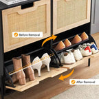 Scarpiera sottile con 4 ante a ribalta, può contenere 20-22 paia di scarpe. Altezza dei ripiani regolabile con protezione antiribaltamento.