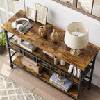 Tavolino da divano stretto 43, Tavolino da console con spazio di archiviazione, Tavolino stretto da ingresso a 3 livelli con ripiani, Tavolino laterale industriale in legno, per camera da letto