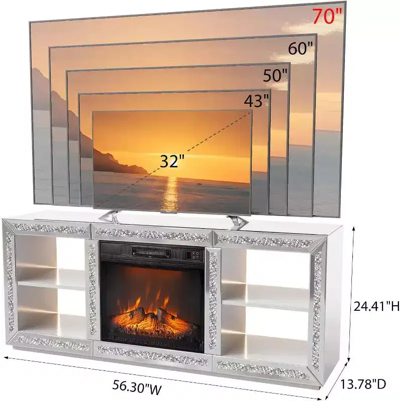 Mobile TV VINGLI per caminetto a specchio con caminetto elettrico da 18'' per TV da 70'', centro di intrattenimento Diamond con ripiani e luci LED