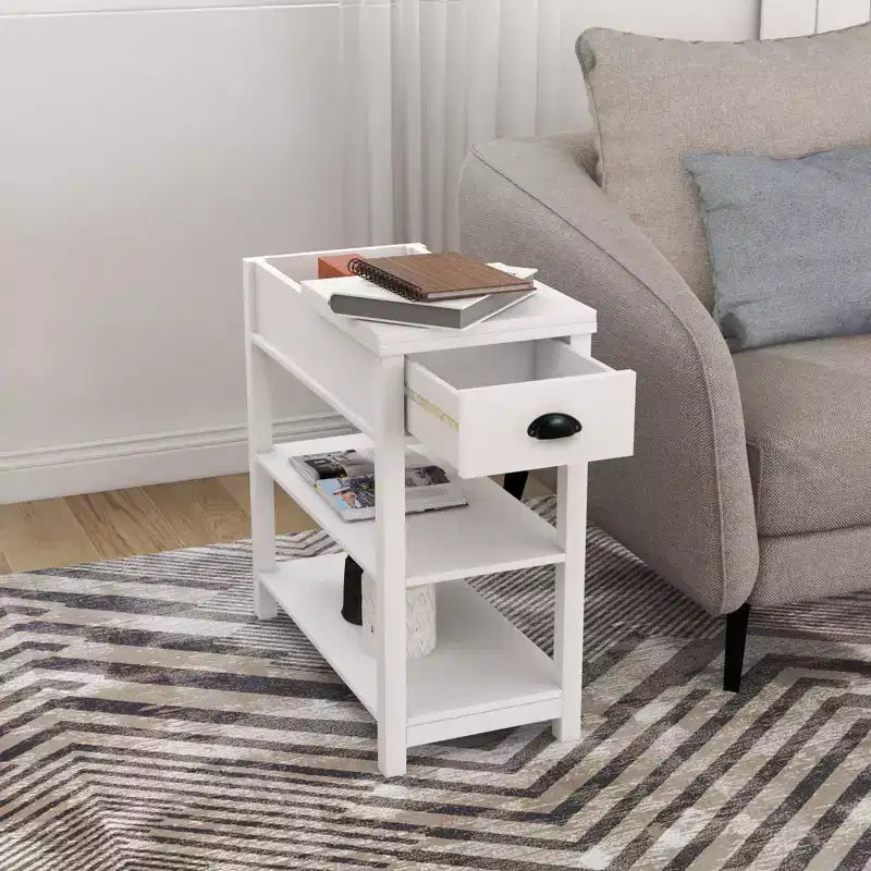 Tavolino Stretto Vintage Okak con Piano Ribaltabile, Tavolino d'Appoggio con Cassetti e Ripiani Inferiori, Tavolino da Divano, da Lato Letto