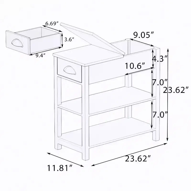 Tavolino Stretto Vintage Okak con Piano Ribaltabile, Tavolino d'Appoggio con Cassetti e Ripiani Inferiori, Tavolino da Divano, da Lato Letto