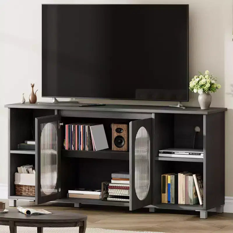 Mobile TV rustico, centro di intrattenimento moderno con ante in vetro ondulato, design a ripiani aperti, adatto per soggiorni e camere da letto