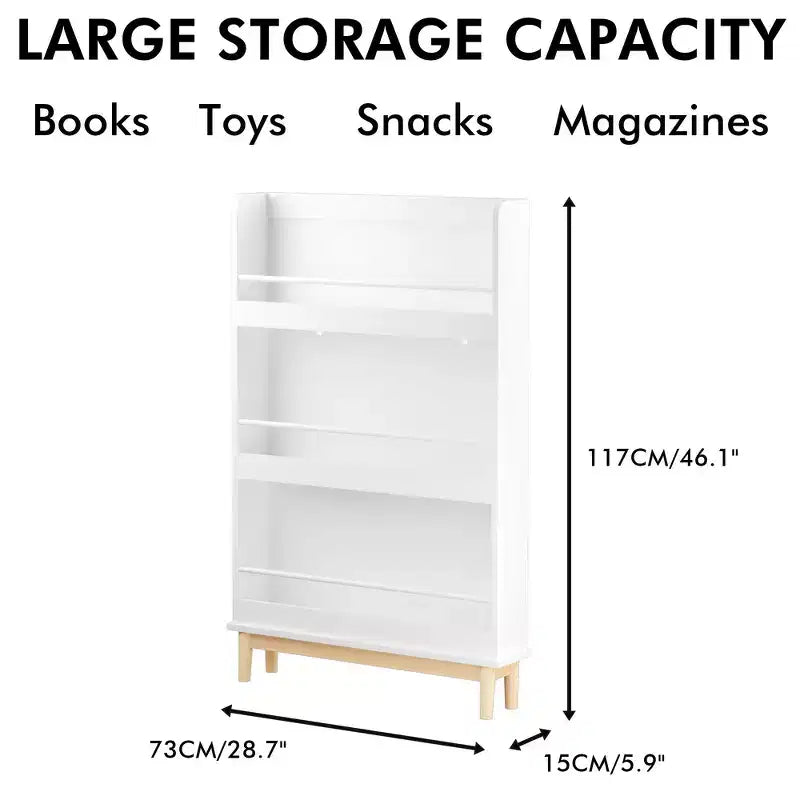 Mensola per libri per bambini da parete con 3 ripiani espositivi frontali, moderna libreria bianca con base in legno naturale - Bianco