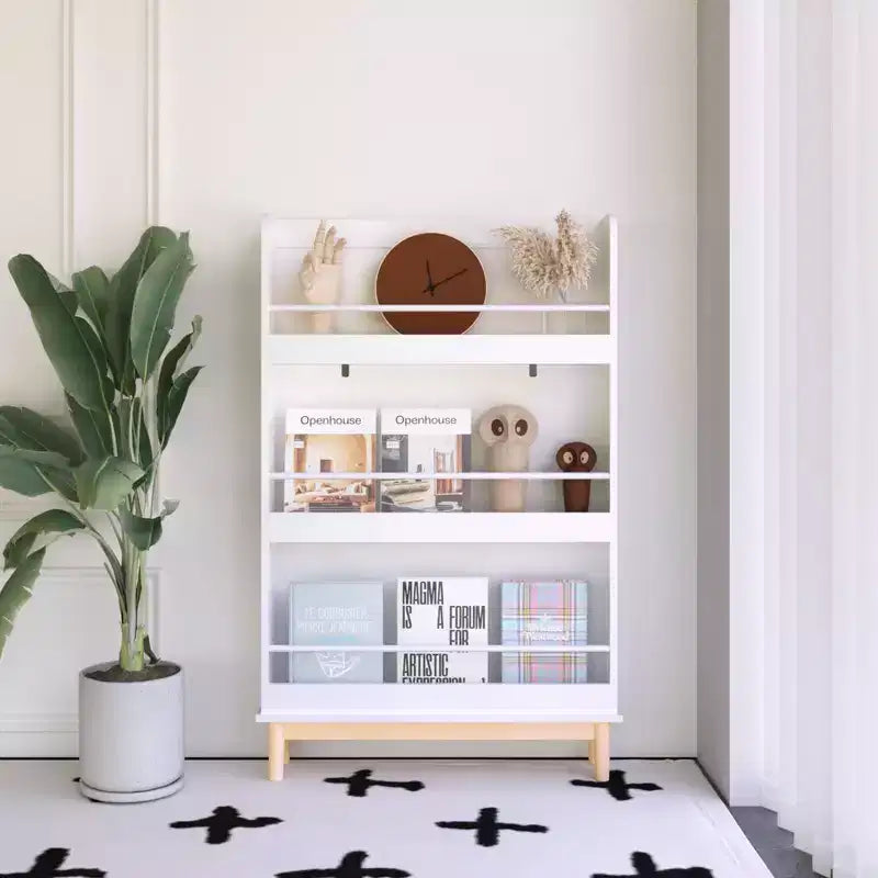 Mensola per libri per bambini da parete con 3 ripiani espositivi frontali, moderna libreria bianca con base in legno naturale - Bianco