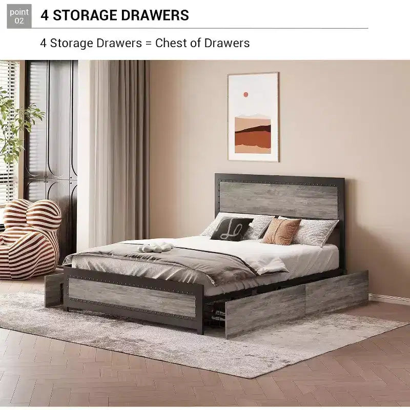 Struttura letto matrimoniale Queen Size con quattro cassetti portaoggetti e stazione di ricarica, letto a piattaforma rivettato con testiera, supporto a doghe in metallo, grigio