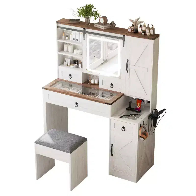 Toeletta con Specchio Scorrevole, Piano in Vetro, Stazione di Ricarica, 4 Cassetti, 2 Armadietti, Sgabello per Camera da Letto, Bianco