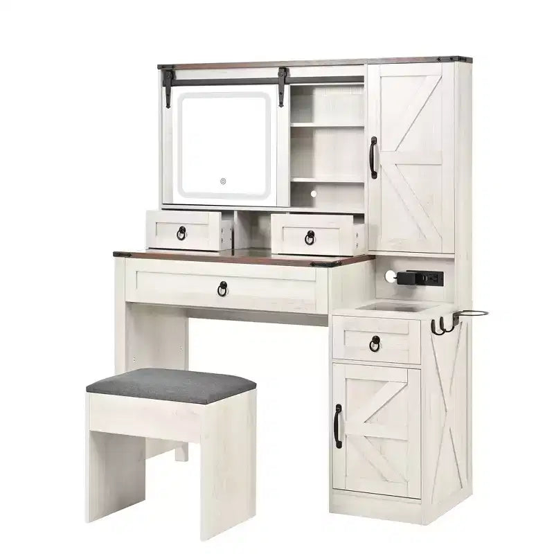 Toeletta con Specchio Scorrevole, Piano in Vetro, Stazione di Ricarica, 4 Cassetti, 2 Armadietti, Sgabello per Camera da Letto, Bianco