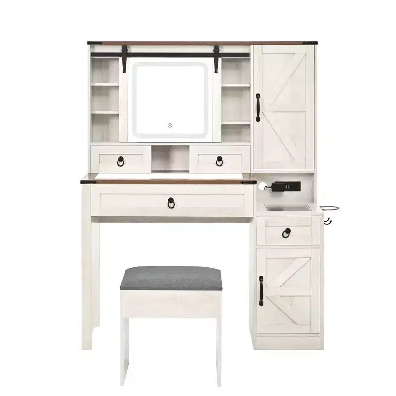 Toeletta con Specchio Scorrevole, Piano in Vetro, Stazione di Ricarica, 4 Cassetti, 2 Armadietti, Sgabello per Camera da Letto, Bianco