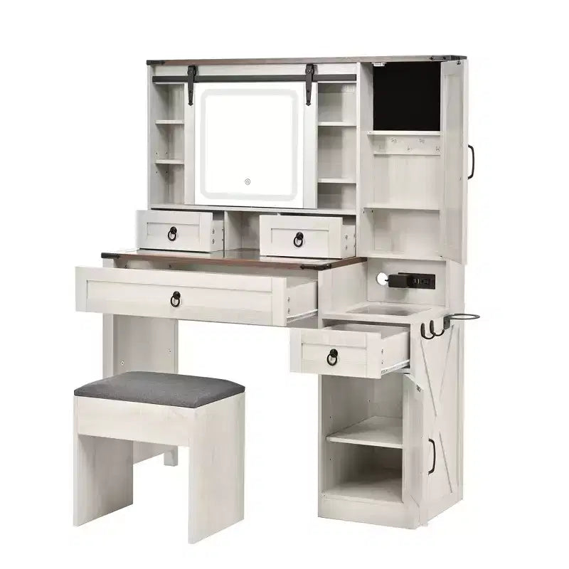Toeletta con Specchio Scorrevole, Piano in Vetro, Stazione di Ricarica, 4 Cassetti, 2 Armadietti, Sgabello per Camera da Letto, Bianco