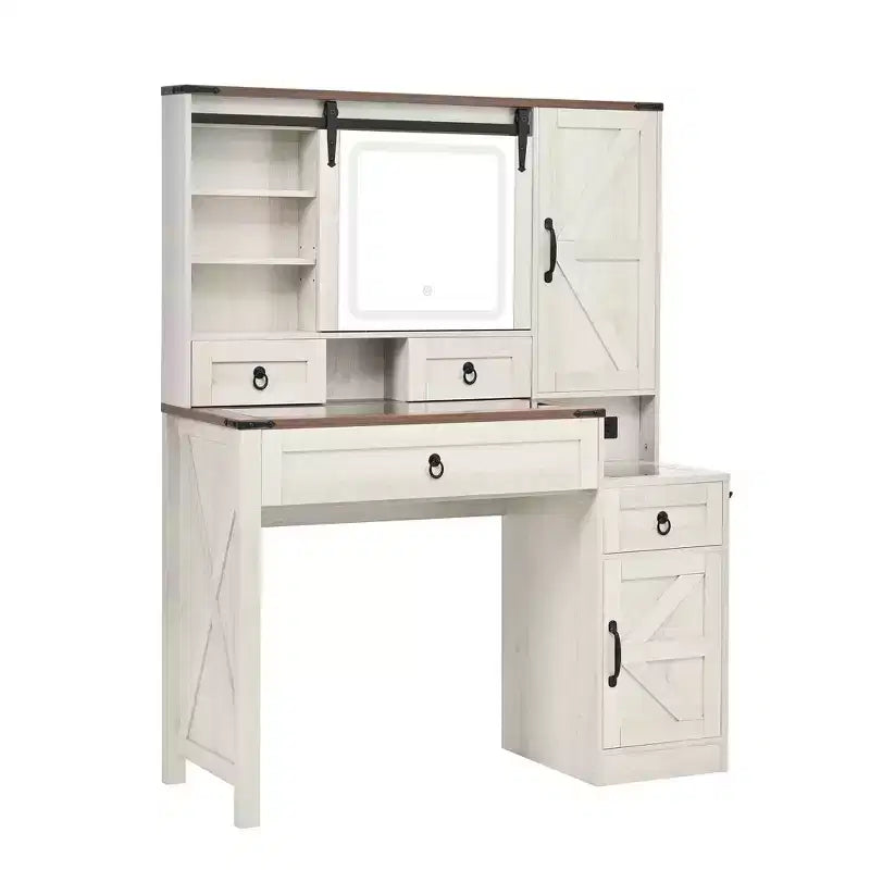 Toeletta con Specchio Scorrevole, Piano in Vetro, Stazione di Ricarica, 4 Cassetti, 2 Armadietti, Sgabello per Camera da Letto, Bianco