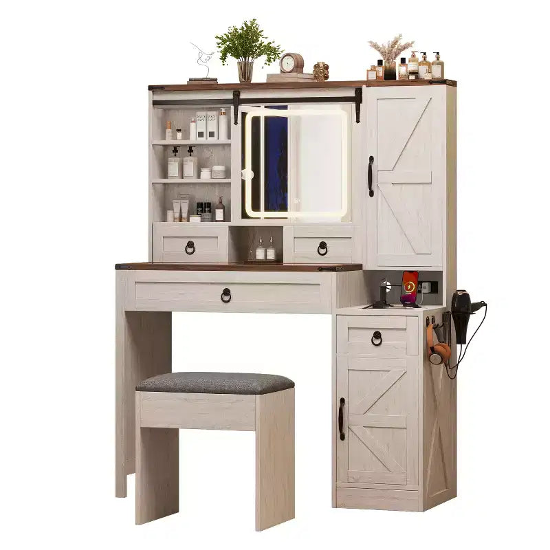 Toeletta con Specchio Scorrevole, Piano in Vetro, Stazione di Ricarica, 4 Cassetti, 2 Armadietti, Sgabello per Camera da Letto, Bianco