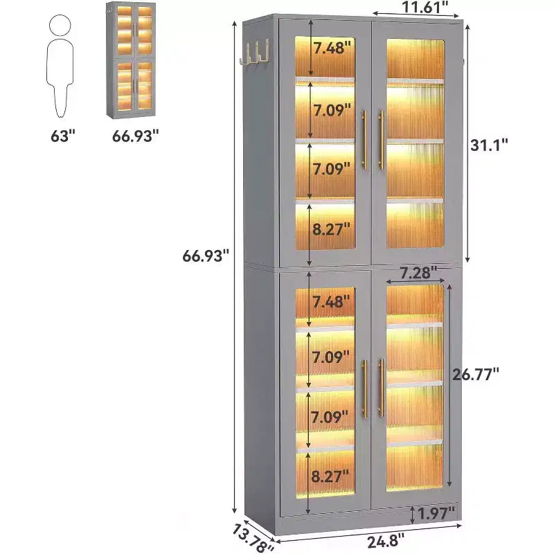 Scarpiera verticale a 8 livelli con illuminazione LED integrata e ante, scarpiera con ganci per ingresso, soggiorno, camera da letto, grigia