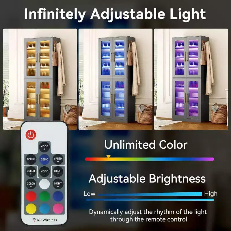 Scarpiera verticale a 8 livelli con illuminazione LED integrata e ante, scarpiera con ganci per ingresso, soggiorno, camera da letto, grigia