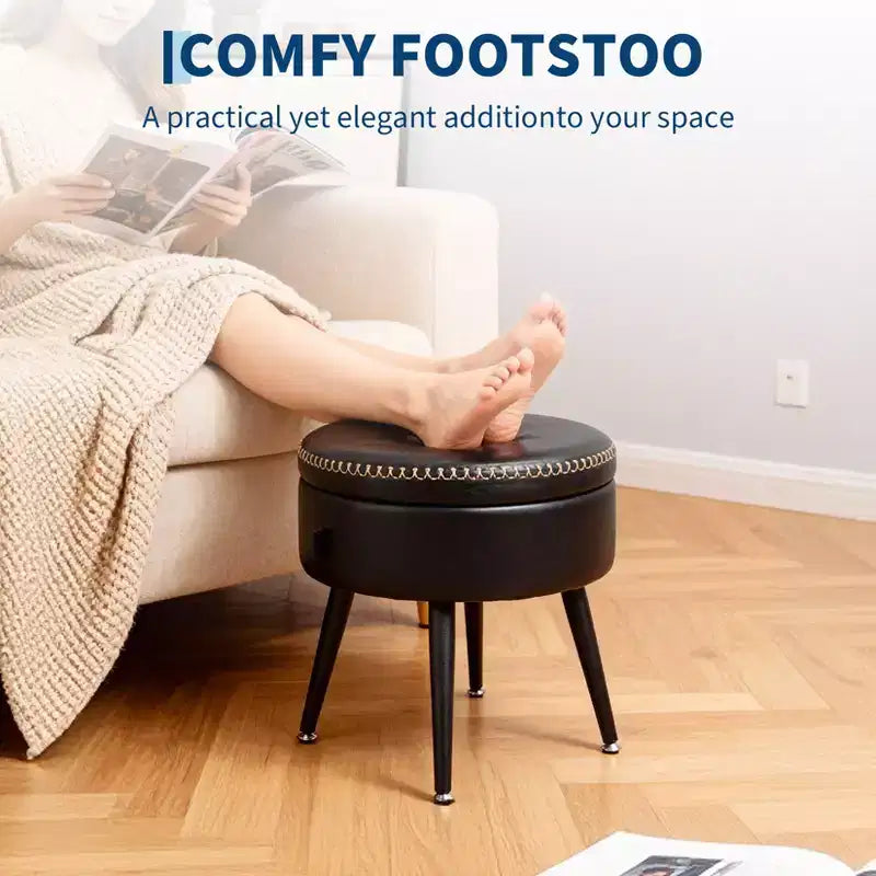 Pouf contenitore moderno e sgabello da toeletta – Tavolino rotondo multifunzione, poggiapiedi e panca da camera multifunzione, Nero inchiostro