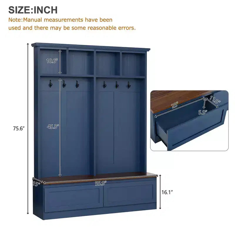 Appendiabiti da ingresso in stile rustico 4 in 1 con panca con venature del legno e 2 grandi cassetti per corridoio