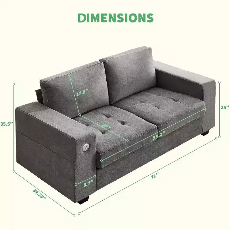 Divanetto moderno in ciniglia da 70 cm con porte USB e tasche laterali - Divano imbottito capitonné, struttura interamente in legno, divanetto compatto per soggiorno