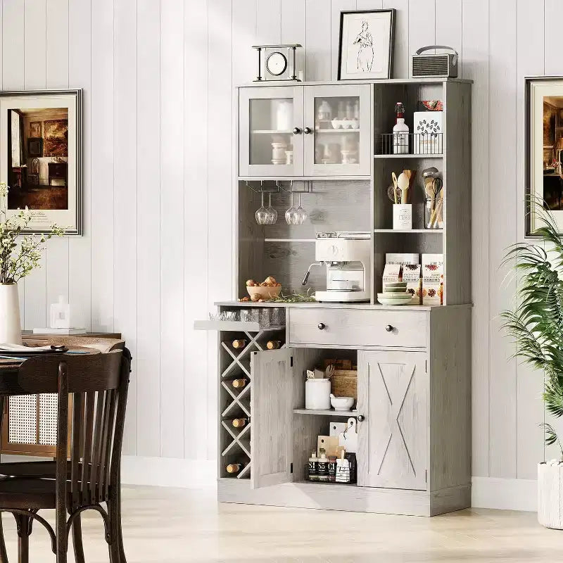 Mobile Bar da Caffè con Ante Scorrevoli Stile Fienile - Credenza Portabottiglie per Cucina Sala da Pranzo