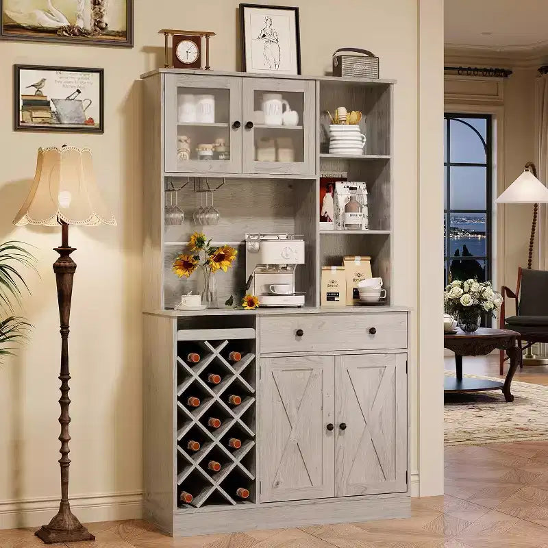 Mobile Bar da Caffè con Ante Scorrevoli Stile Fienile - Credenza Portabottiglie per Cucina Sala da Pranzo