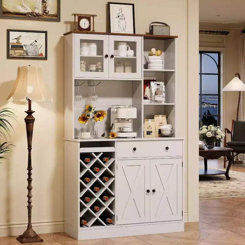 Mobile Bar da Caffè con Ante Scorrevoli Stile Fienile - Credenza Portabottiglie per Cucina Sala da Pranzo