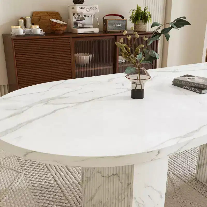 Tavolo da pranzo ovale per 6 persone, tavolo da cucina con base a strisce di legno, tavolo da pranzo stile farmhouse impermeabile e antigraffio