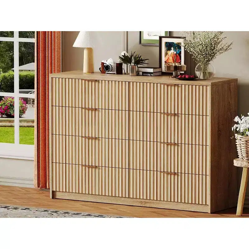 Fluted 8-Drawer Dresser, Wide Chest for Bedroom & Closet Storage, Natural Wood