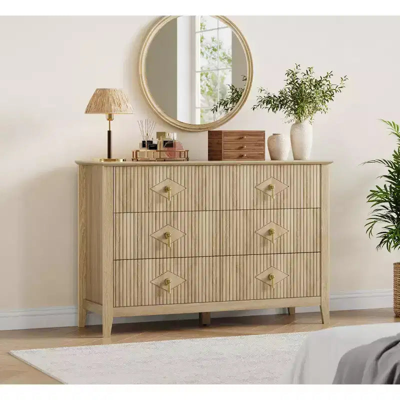 48 Wide 6-Drawer Dresser, Modern Chest with Metal Handles for Bedroom Storage, Natural Wood
